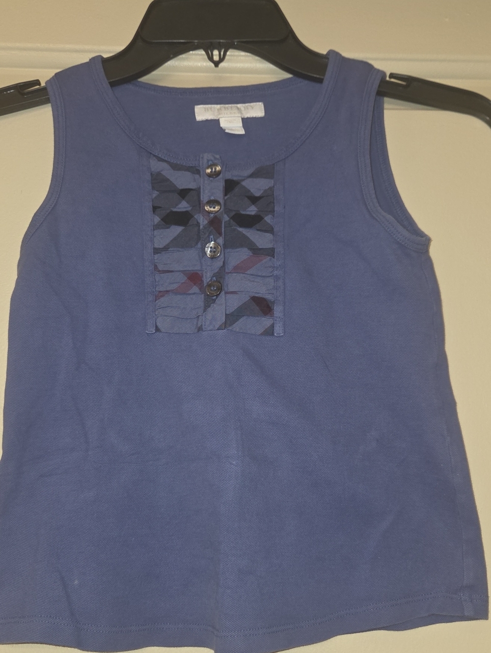 Authentic Burberry Girls' Blue Sleeveless Tank with Patterned Button Placket
